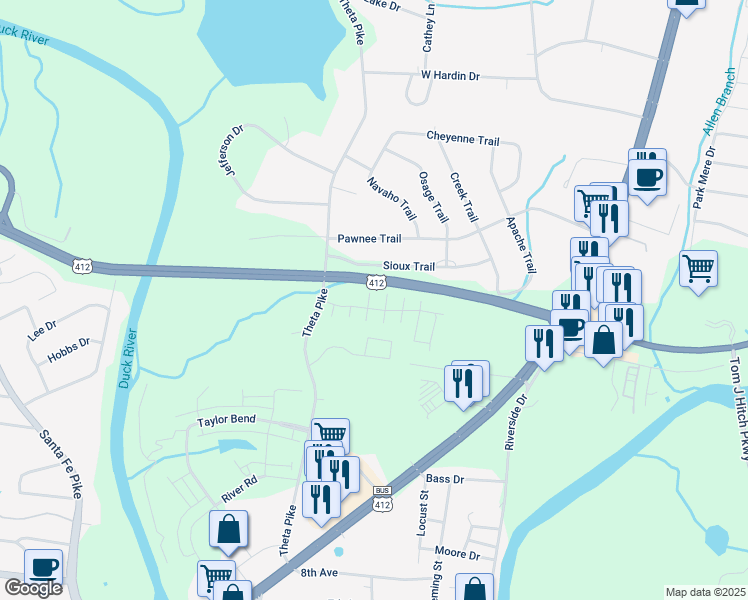 map of restaurants, bars, coffee shops, grocery stores, and more near 418A Sioux Trail in Columbia