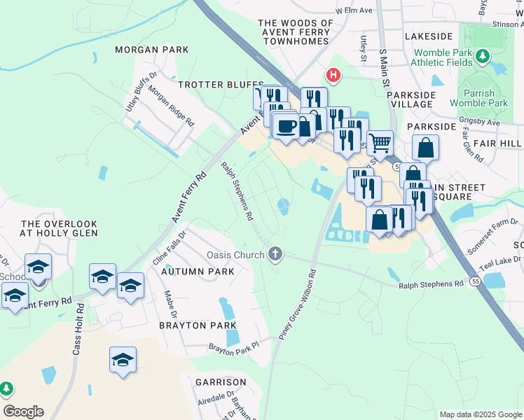 map of restaurants, bars, coffee shops, grocery stores, and more near 1729 Ralph Stephens Road in Holly Springs