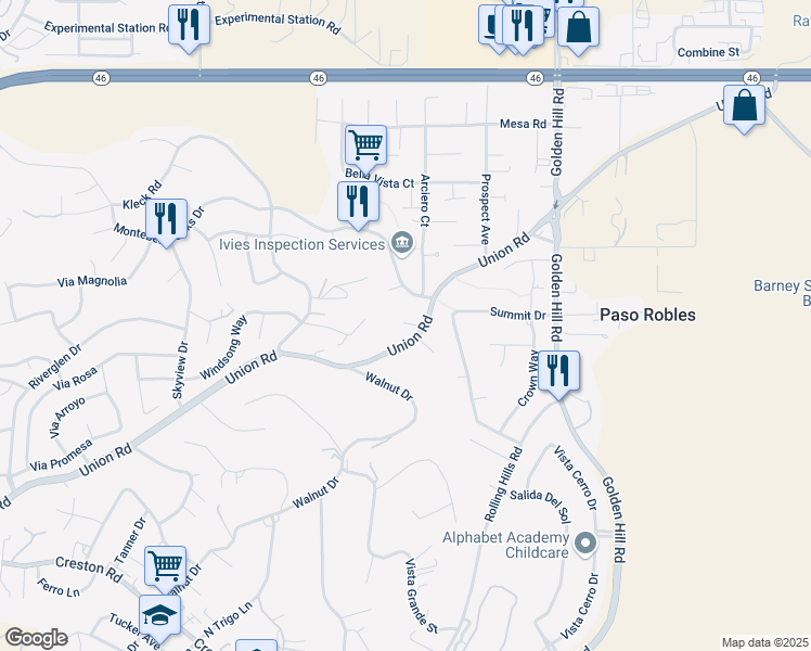 map of restaurants, bars, coffee shops, grocery stores, and more near 1771 Union Road in Paso Robles