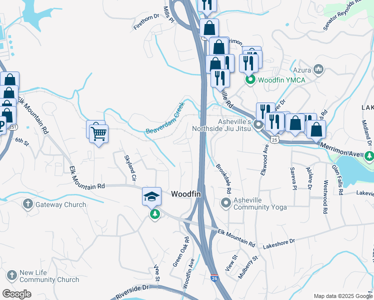 map of restaurants, bars, coffee shops, grocery stores, and more near 64 Washington Avenue in Woodfin