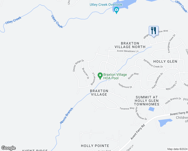 map of restaurants, bars, coffee shops, grocery stores, and more near 225 Braxman Lane in Holly Springs