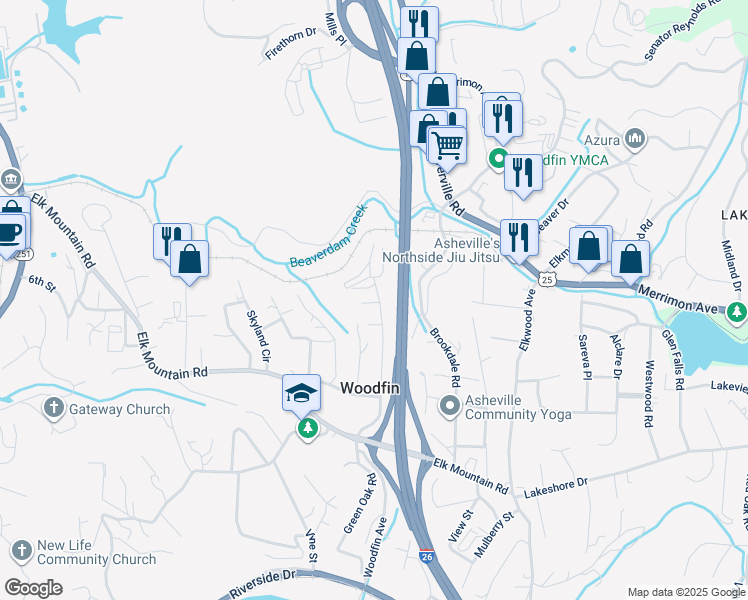 map of restaurants, bars, coffee shops, grocery stores, and more near 64 Washington Avenue in Woodfin