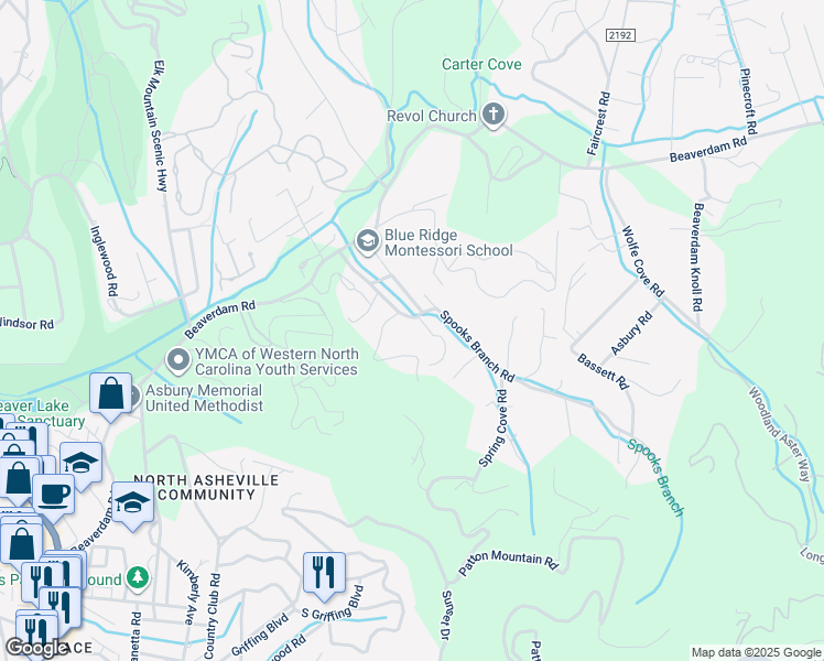map of restaurants, bars, coffee shops, grocery stores, and more near 45 Spooks Branch Extension in Asheville