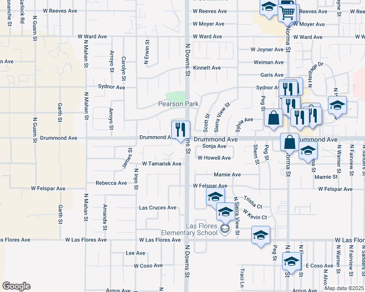 map of restaurants, bars, coffee shops, grocery stores, and more near 841 North Downs Street in Ridgecrest