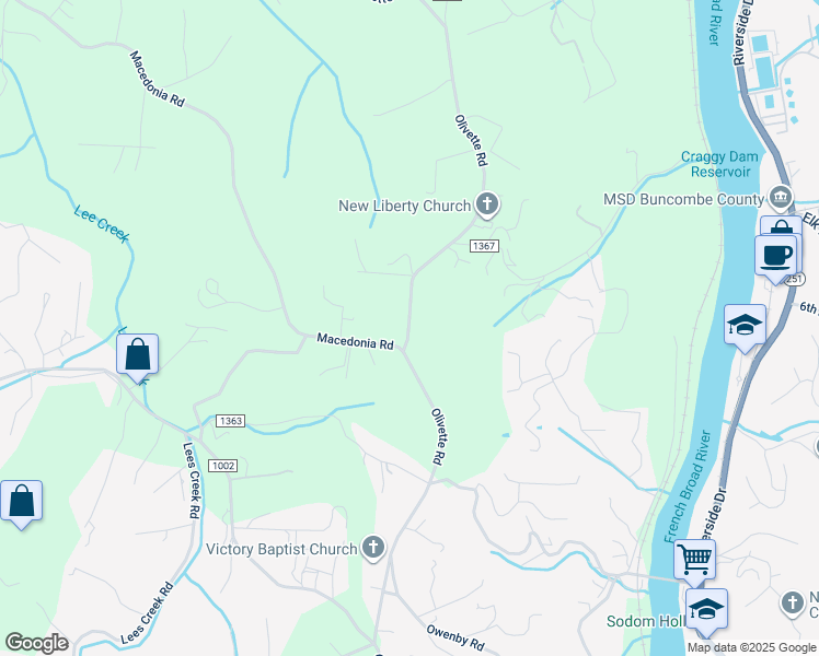 map of restaurants, bars, coffee shops, grocery stores, and more near 435 Olivette Road in Asheville