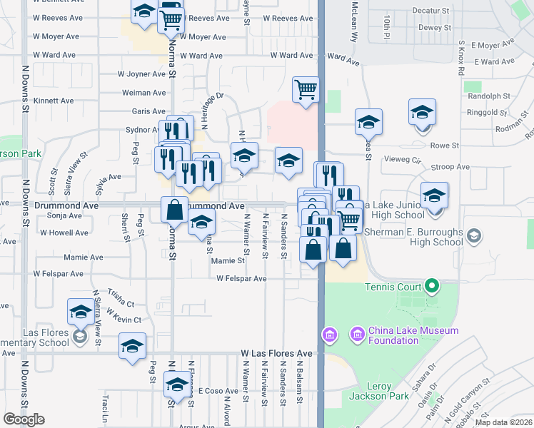 map of restaurants, bars, coffee shops, grocery stores, and more near 236 Drummond Avenue in Ridgecrest