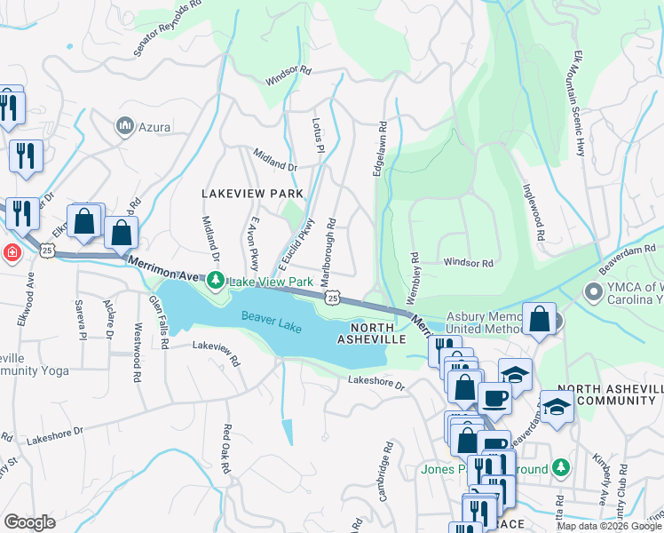 map of restaurants, bars, coffee shops, grocery stores, and more near 11 North Kensington Road in Asheville