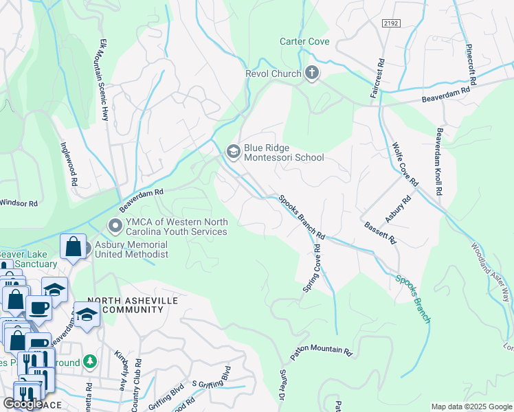 map of restaurants, bars, coffee shops, grocery stores, and more near 45 Spooks Branch Extension in Asheville