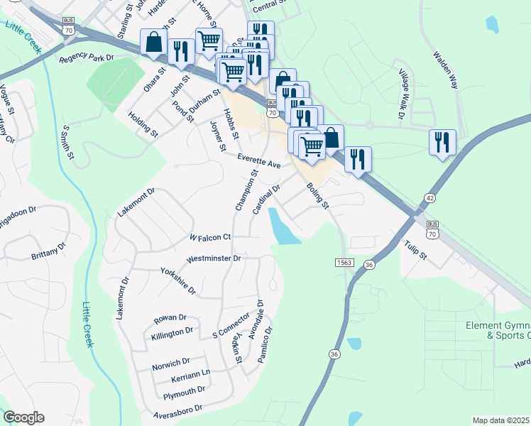 map of restaurants, bars, coffee shops, grocery stores, and more near 417 Cardinal Drive in Clayton