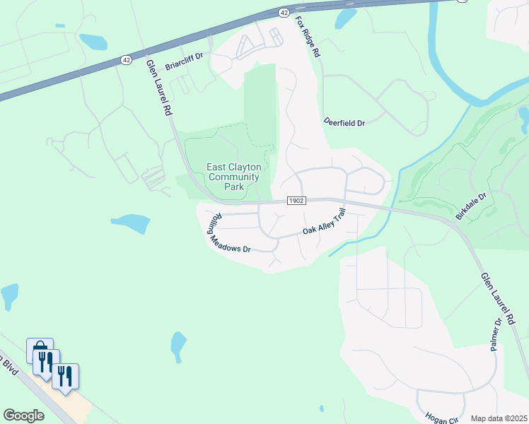 map of restaurants, bars, coffee shops, grocery stores, and more near 33 Oak Alley Trail in Clayton