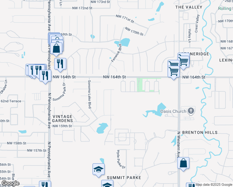 map of restaurants, bars, coffee shops, grocery stores, and more near 1400 Northwest 164th Street in Edmond