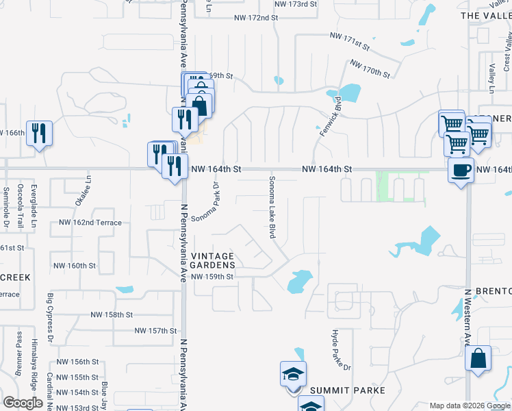 map of restaurants, bars, coffee shops, grocery stores, and more near 1713 Northwest 162nd Circle in Edmond
