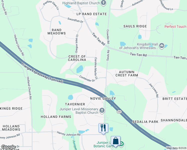map of restaurants, bars, coffee shops, grocery stores, and more near 8928 Carolina Marlin Court in Raleigh