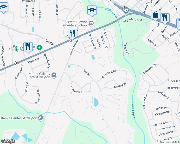 map of restaurants, bars, coffee shops, grocery stores, and more near 2837 Bennington Drive in Clayton