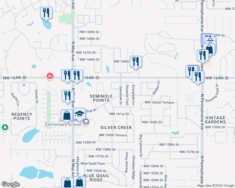 map of restaurants, bars, coffee shops, grocery stores, and more near 2612 Northwest 163rd Street in Edmond