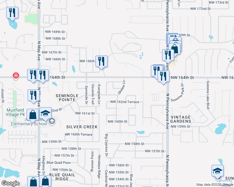 map of restaurants, bars, coffee shops, grocery stores, and more near 2401 Northwest 162nd Street in Edmond
