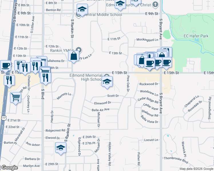 map of restaurants, bars, coffee shops, grocery stores, and more near 1000 East 15th Street in Edmond