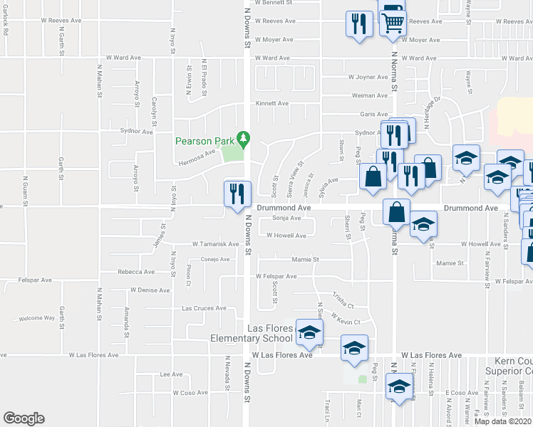 map of restaurants, bars, coffee shops, grocery stores, and more near 830 Sonja Avenue in Ridgecrest