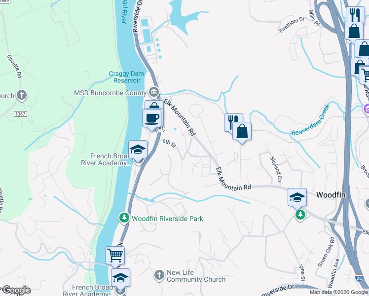 map of restaurants, bars, coffee shops, grocery stores, and more near in Woodfin
