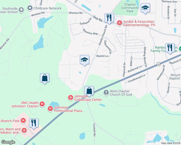 map of restaurants, bars, coffee shops, grocery stores, and more near 1689 Amelia Church Road in Clayton