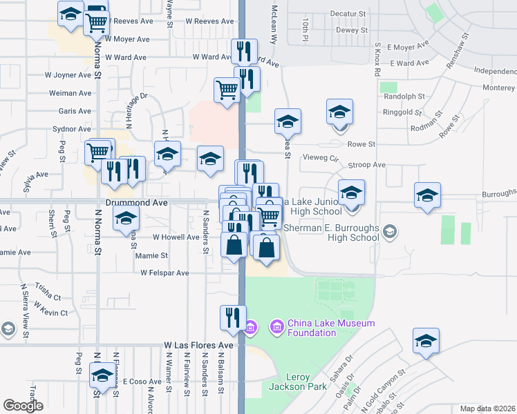 map of restaurants, bars, coffee shops, grocery stores, and more near 880 North China Lake Boulevard in Ridgecrest