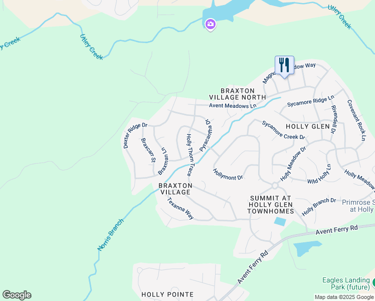 map of restaurants, bars, coffee shops, grocery stores, and more near 605 Holly Thorn Terrace in Holly Springs