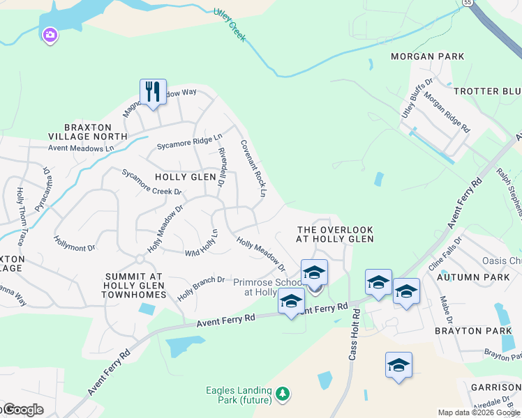 map of restaurants, bars, coffee shops, grocery stores, and more near 105 Covenant Rock Ln in Holly Springs