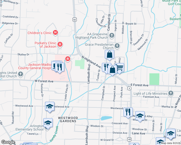 map of restaurants, bars, coffee shops, grocery stores, and more near 1532 Lambuth Boulevard in Jackson