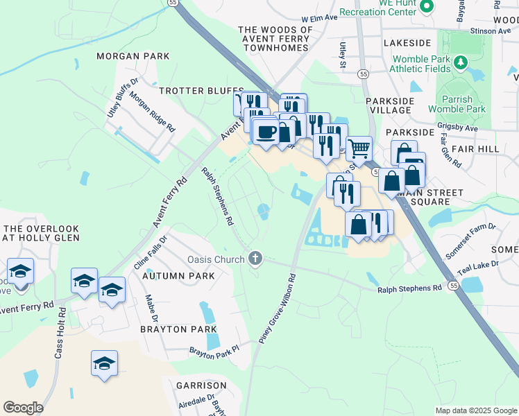 map of restaurants, bars, coffee shops, grocery stores, and more near 1729 Ralph Stephens Road in Holly Springs