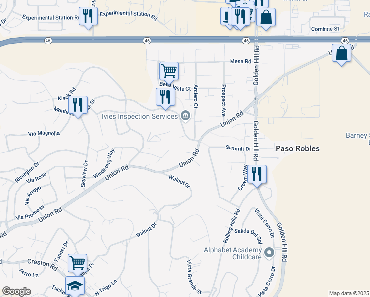 map of restaurants, bars, coffee shops, grocery stores, and more near 1771 Union Road in Paso Robles