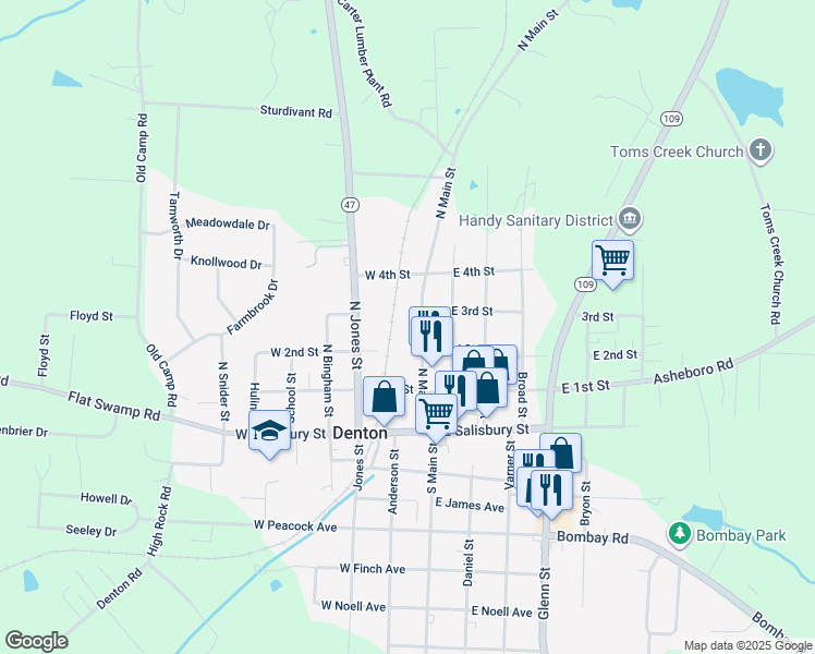 map of restaurants, bars, coffee shops, grocery stores, and more near 229 North Main Street in Denton
