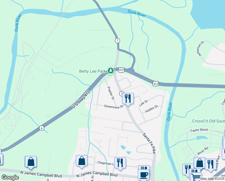 map of restaurants, bars, coffee shops, grocery stores, and more near 715 Poplar Street in Columbia