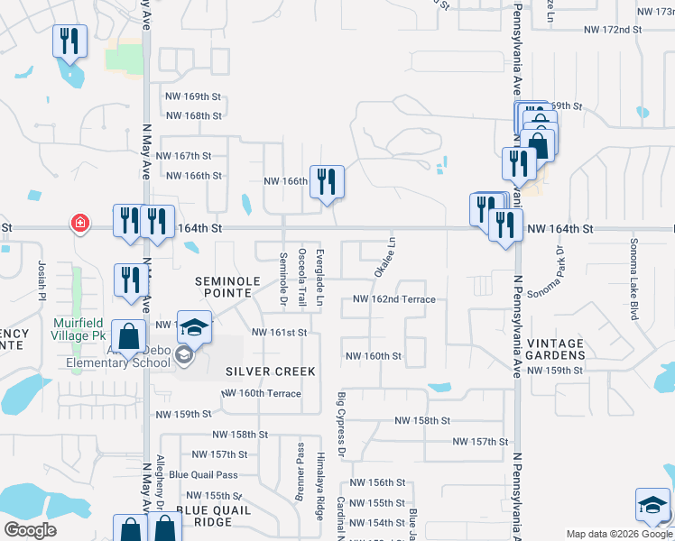 map of restaurants, bars, coffee shops, grocery stores, and more near 16308 Everglade Lane in Edmond