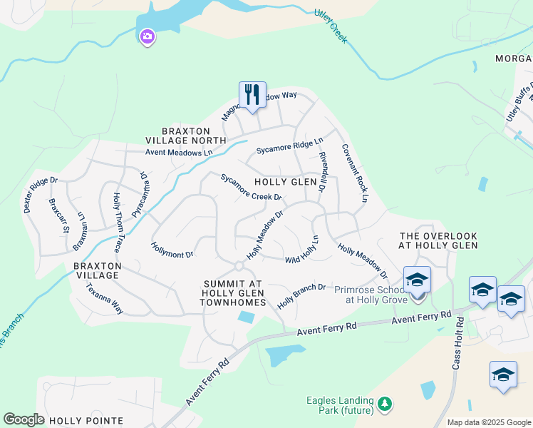 map of restaurants, bars, coffee shops, grocery stores, and more near 113 Holly Green Lane in Holly Springs
