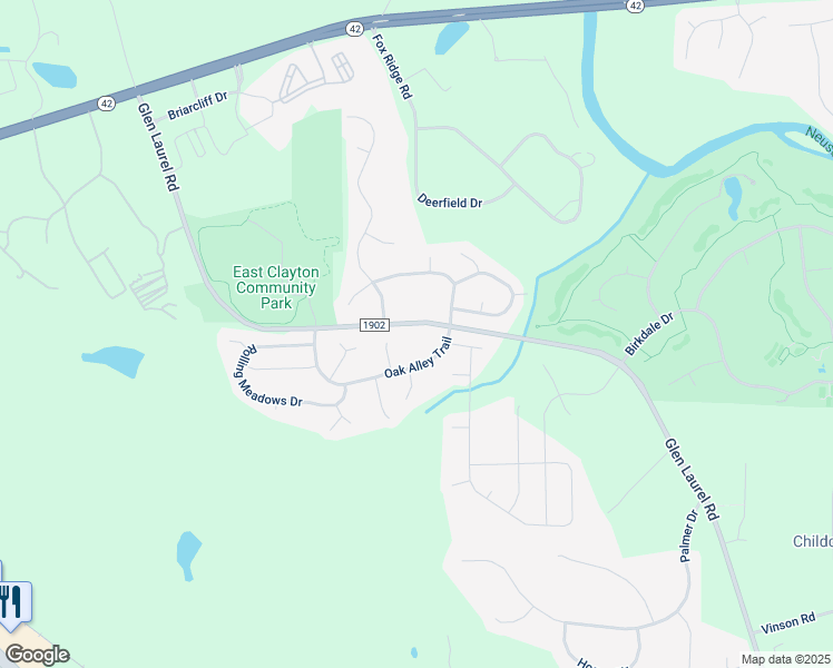 map of restaurants, bars, coffee shops, grocery stores, and more near 485 Oak Alley Trail in Clayton