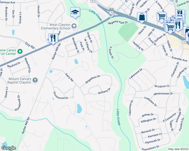 map of restaurants, bars, coffee shops, grocery stores, and more near 2732 Brigadoon Drive in Clayton