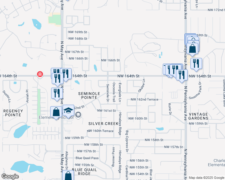 map of restaurants, bars, coffee shops, grocery stores, and more near 16305 Osceola Trail in Edmond
