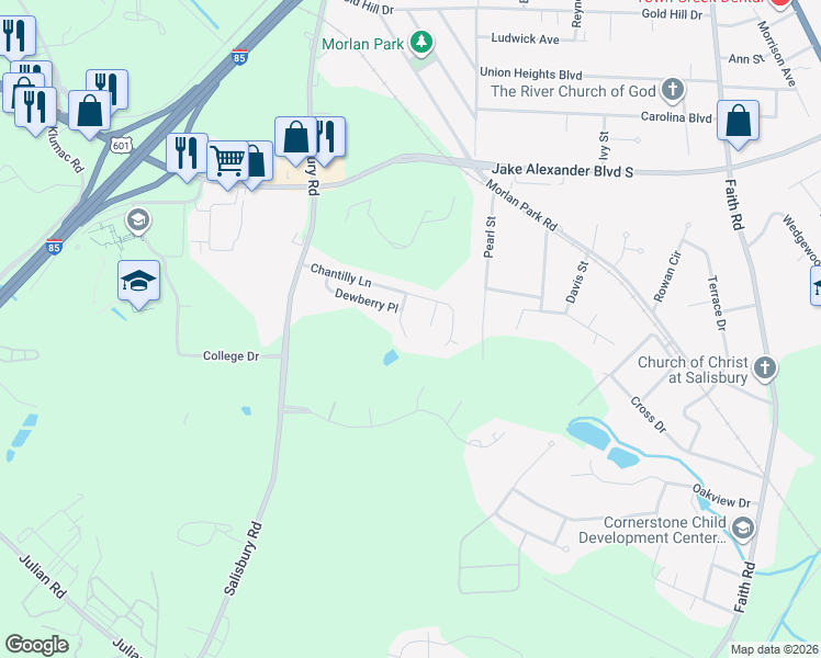 map of restaurants, bars, coffee shops, grocery stores, and more near 1809 Darby Place in Salisbury