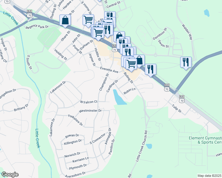 map of restaurants, bars, coffee shops, grocery stores, and more near 417 Cardinal Drive in Clayton