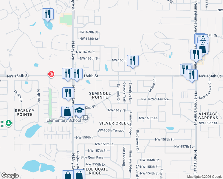 map of restaurants, bars, coffee shops, grocery stores, and more near 2612 Northwest 163rd Street in Edmond