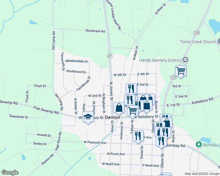 map of restaurants, bars, coffee shops, grocery stores, and more near 225 North Jones Street in Denton