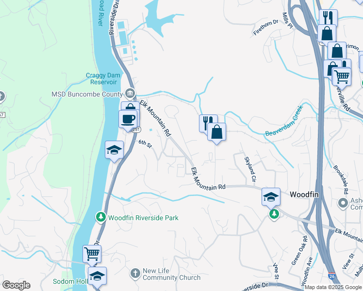 map of restaurants, bars, coffee shops, grocery stores, and more near 215 Elk Mountain Road in Woodfin