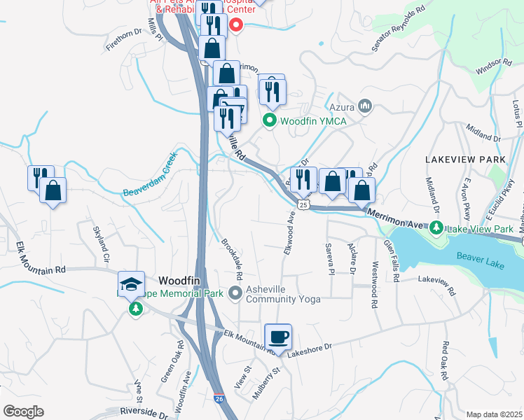 map of restaurants, bars, coffee shops, grocery stores, and more near 2 Deerview Lane in Woodfin