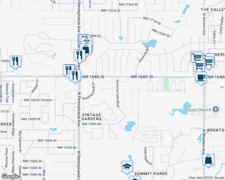 map of restaurants, bars, coffee shops, grocery stores, and more near 1708 Northwest 163rd Circle in Edmond