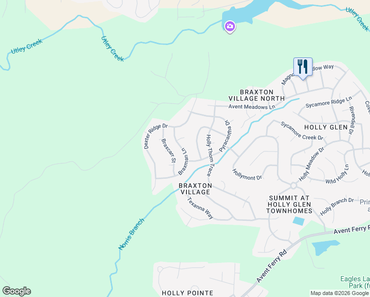 map of restaurants, bars, coffee shops, grocery stores, and more near 213 Braxman Lane in Holly Springs
