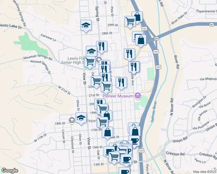 map of restaurants, bars, coffee shops, grocery stores, and more near 2145 Park Street in Paso Robles