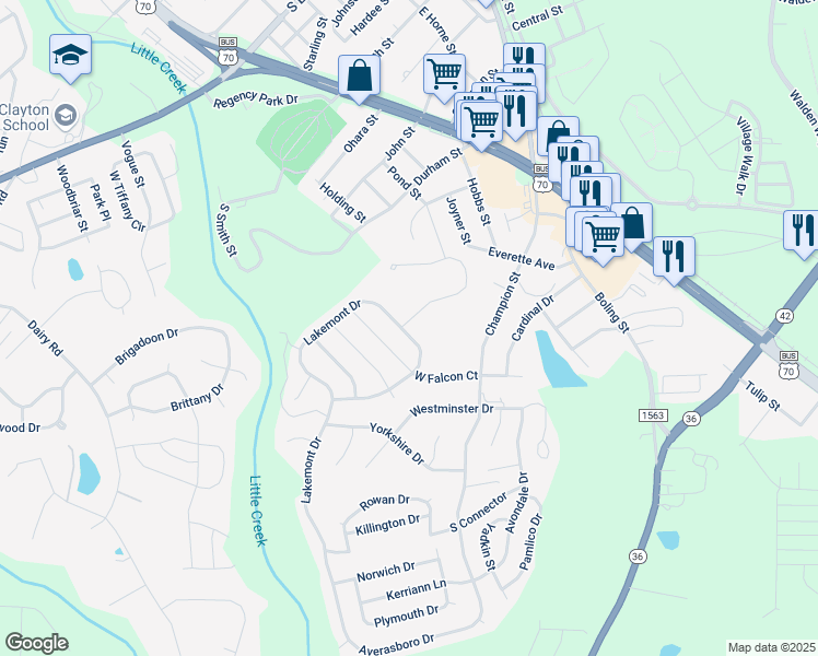 map of restaurants, bars, coffee shops, grocery stores, and more near 785 Lakemont Drive in Clayton