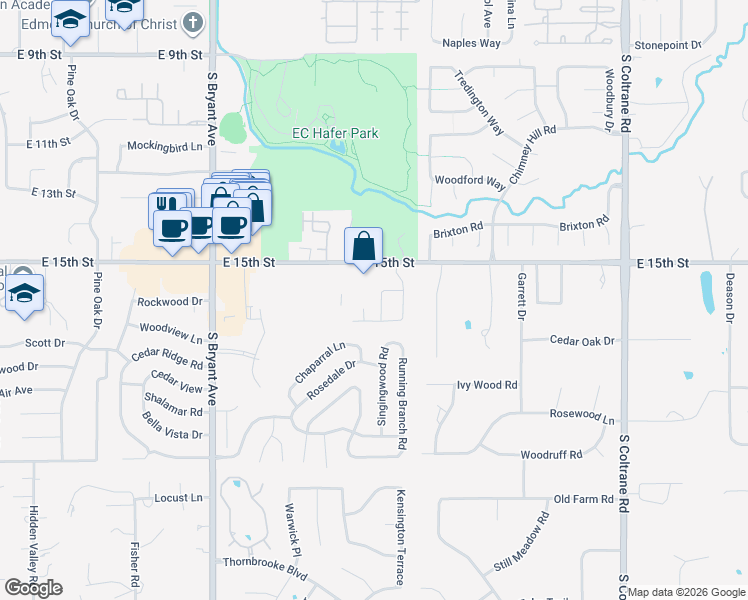 map of restaurants, bars, coffee shops, grocery stores, and more near 1605 Hazelhurst in Edmond