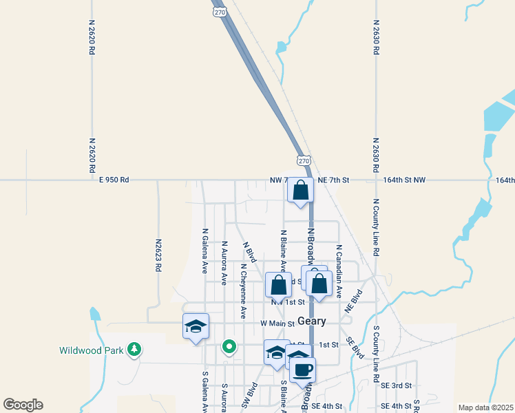 map of restaurants, bars, coffee shops, grocery stores, and more near 208 Victory Lane in Geary