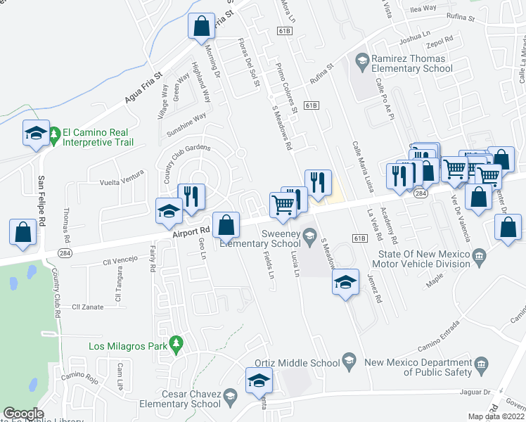 map of restaurants, bars, coffee shops, grocery stores, and more near 5999 Airport Road in Santa Fe